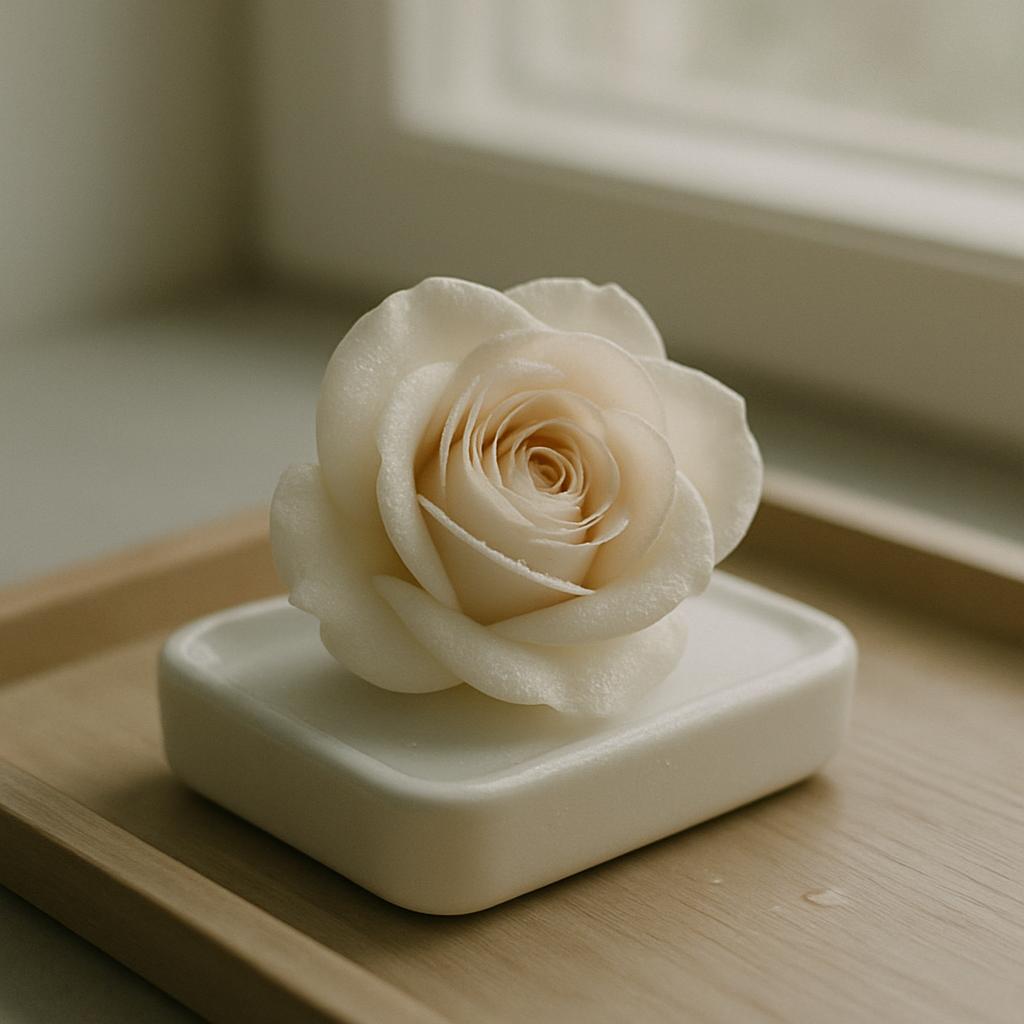 A white rose made of soap on a white square soap dish.