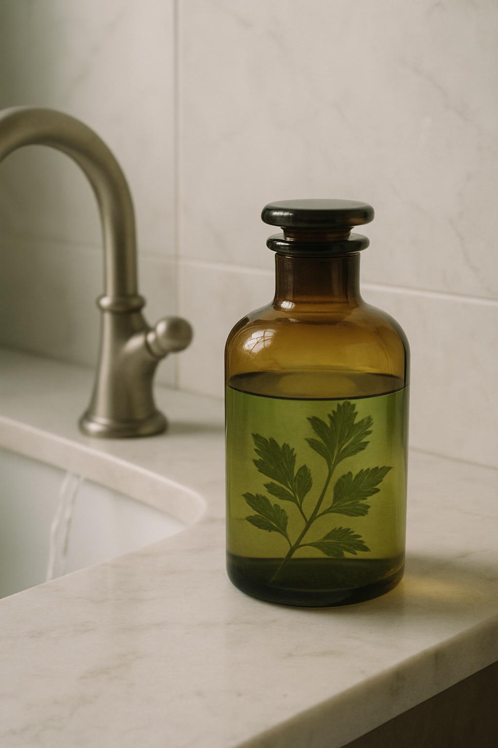 A glass bottle of liquid sits on a marble countertop next to a stainless steel faucet.