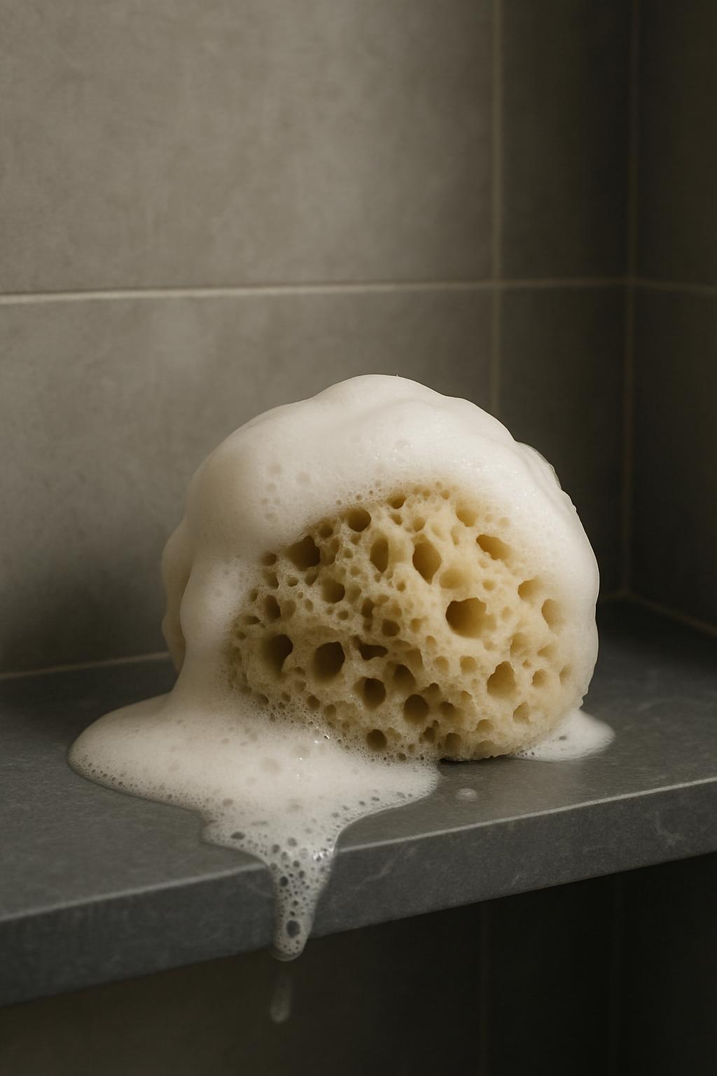A natural sea sponge with soap suds, displayed in a shower, with water dripping onto countertop and tiled bath wall.